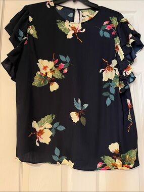 RACHEL Rachel Roy Navy Floral Ruffle-Sleeve Blouse